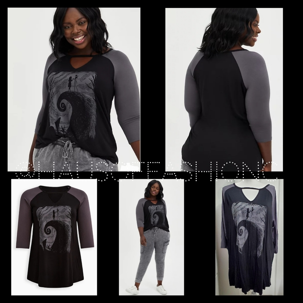TORRID NMBC Jack Skellington & Sally Patches Choker Neck Raglan Top! NWT! - Picture 2 of 7